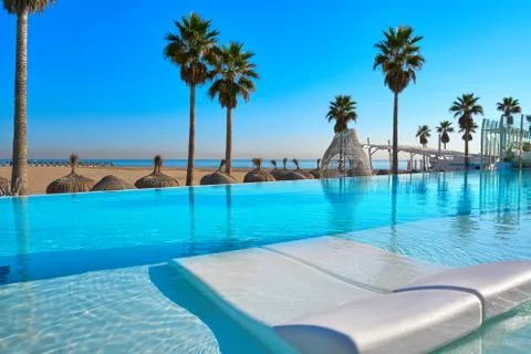 Resort infinity pool in a beach with palm trees Stockfoto's