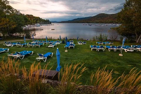 The resort on the lake with mountains Stock Photos