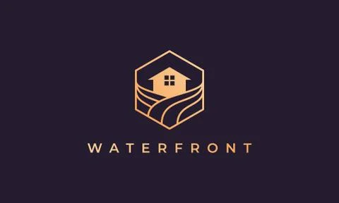 Resort logo with a hexagon base shape with ocean wave and window Stock Illustration