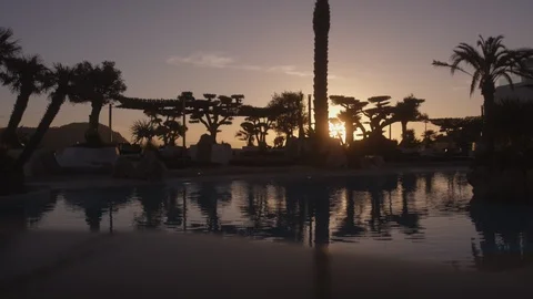 Resort Package 159 |steady shot of resort garden evening morning purple sky Stock Footage 118529029