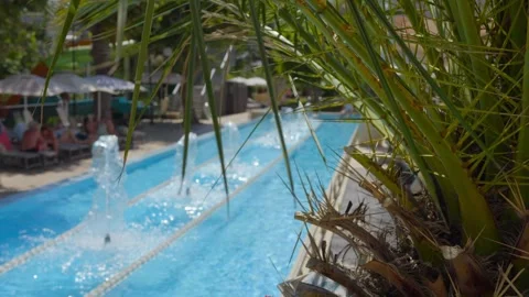 Resort pool view through lush palm leaves in 4k slow motion 120fps Stock Footage 266511188