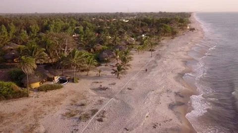 Resort with small round huts along beach with coconut and baobab trees Stock Footage 221646995