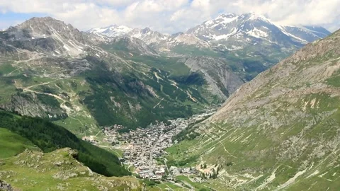 The resort of Val d'Isere at the bottom of its valley in the Alps.France. Video stock 202185282