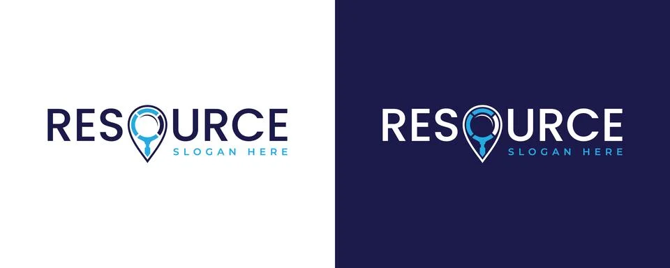 Resource letter unique wordmark logo with pin point and magnifying glass Stock Illustration