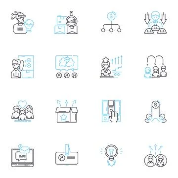 Resource management linear icons set. Allocation, Optimization, Distribution Illustrazione stock