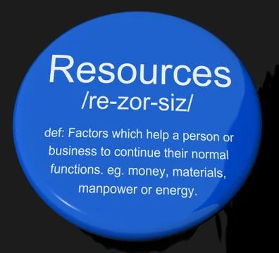 Resources definition button showing materials assets and manpower for a busin Stock Illustration