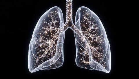 Respiratory system visualization with dense glowing particles in human lungs. Stock Illustration