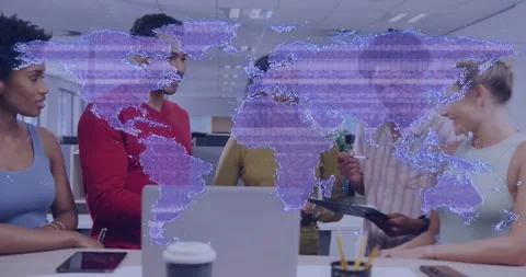 Responding to hologram map, team in casual exchanging card and reviewing tablet Stock Footage 331461001