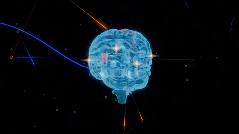 Responding to left curved blue stream, cyan 3D brain model in void lighting Stock Footage 339721991