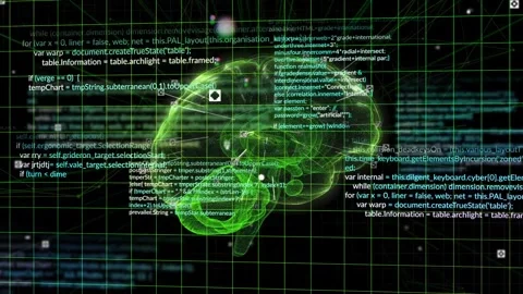 Responding to UI icons appearing, neon green 3D brain hologram rotating in 3D Stock Footage 332843728