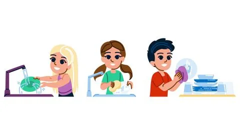 Responsibility wash dishes kid vector Stock Illustration