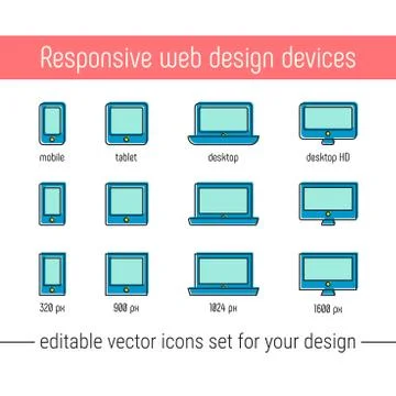 Responsive design icons set vector. Flat responsive design icons in memphis Stock Illustration