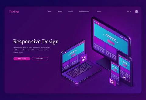 Responsive design isometric landing user interface Stock Illustration