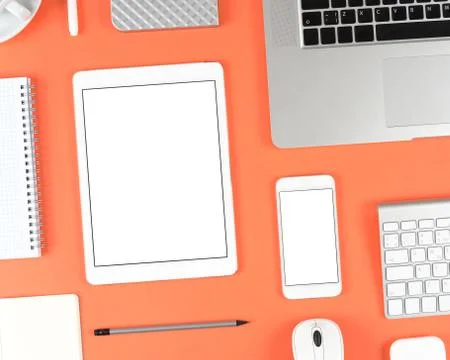 Responsive design: Keyboard, tablet and smartphone on red table Stock Photos