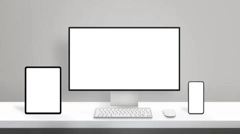 Responsive design on modern different display devices mockup. Computer displa Stock Photos