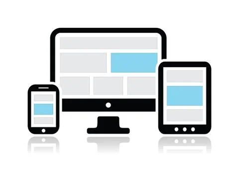 Responsive design for web- computer screen, smartphone, tablet icons set Illustrazione stock