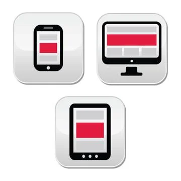 Responsive design for web - computer screen, smartphone, tablet icons set Stock Illustration