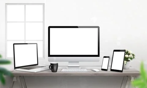 Responsive devices on desk with isolated screen for mockup. Computer display, Stock Photos