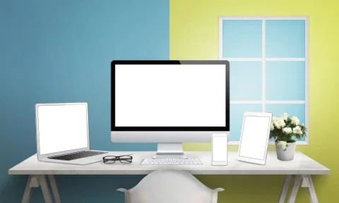 Responsive devices on desk with isolated screen for mockup. Computer display, Stock Photos
