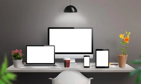 Responsive devices on desk with isolated screen for mockup. Computer display, Stock Photos