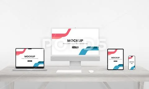 Responsive devices display on a work desk mockup PSD Template
