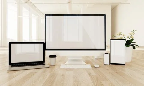 Responsive devices on the floor with white screen, Stock Illustration