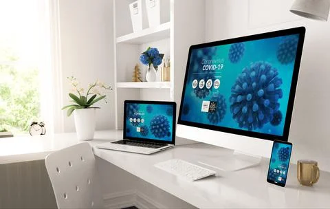 Responsive devices on home desktop showing covid-19 info website Stock Illustration