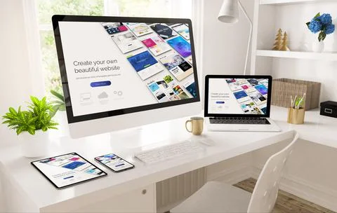 Responsive devices on home office setup showing website builder 스톡 일러스트