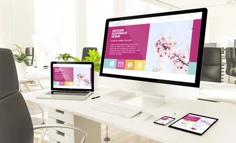 Responsive devices in loft office mockup Stock Illustration