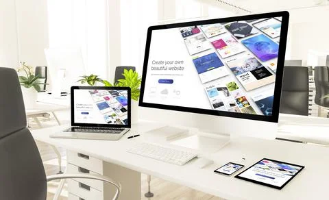 Responsive devices showing responsive builder website in loft office mockup Stock Illustration
