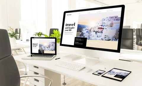 Responsive devices showing responsive travel web design website in loft offic Stock Illustration