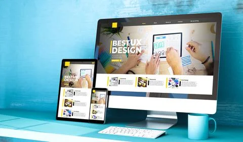 Responsive devices with ux design website home on blue studio Stock Illustration