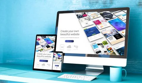 Responsive devices with website builder home on blue studio Stock Illustration