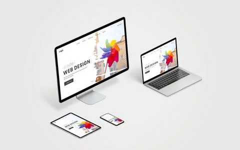 Responsive displays showcasing a web design optimized for desktop, laptop 写真素材