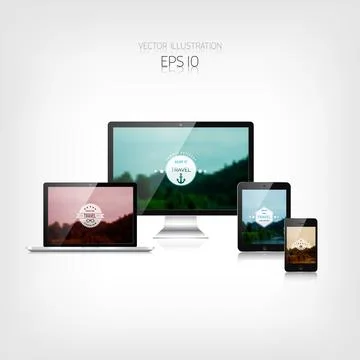 Responsive hipster travel web design. Adaptive user interface. Digital devises Stock Illustration
