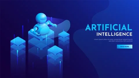 Responsive landing page for Artificial Intelligence (AI) era with 3D isomet.. Ilustración de archivo
