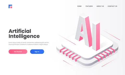 Responsive landing page design with 3d AI chip and digital circuit for Arti.. Stock Illustration
