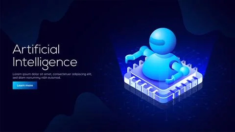 Responsive landing page design with 3D isometric illustration of a robot on.. Illustrazione stock
