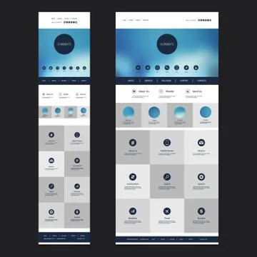 Responsive One Page Website Template, Blurred Header, Desktop and Mobile Version Stock Illustration