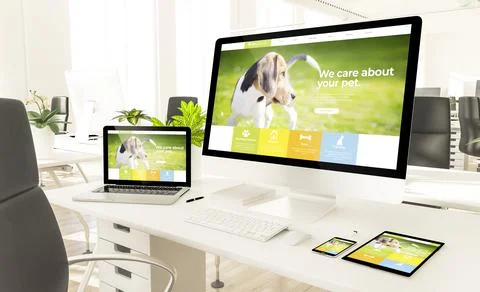 Responsive pet website devices in loft office mockup Stock Illustration