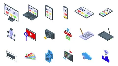 Responsive web design icons set isometric vector. Digital content 스톡 일러스트