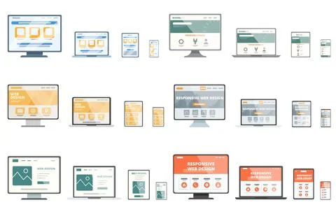 Responsive web design icons set cartoon vector. Digital content 库存插图