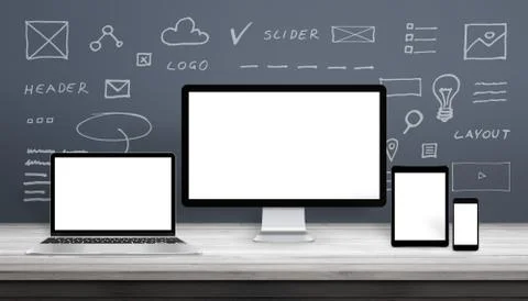 Responsive web design mockup with computer display, laptop, tablet and smart  Stock Photos