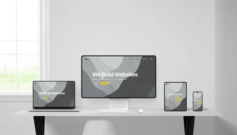 Responsive web design presentation on four modern devices in bright white office Stock Photos