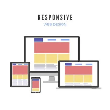 Responsive web design. Website template on different gadgets screen. Vector i 스톡 일러스트
