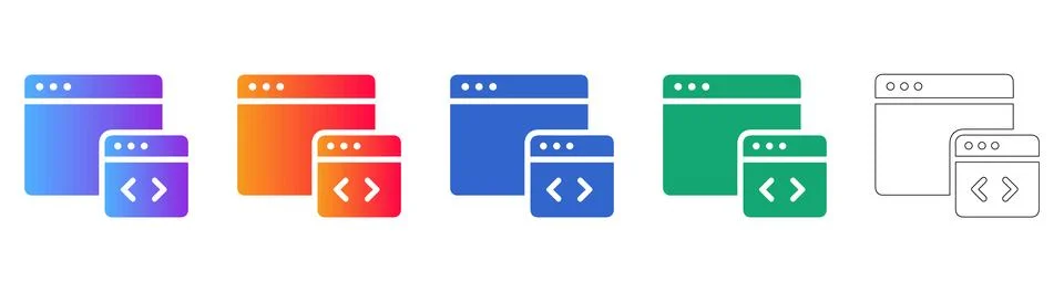 Responsive Web Development Browser Window and Coding Icons Set イラスト素材