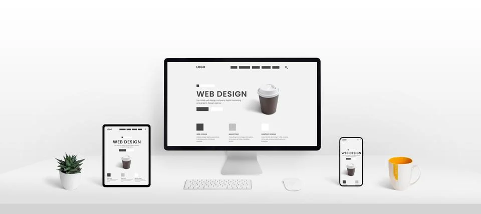Responsive web page layout on computer, tablet and smart phone display Stock Photos