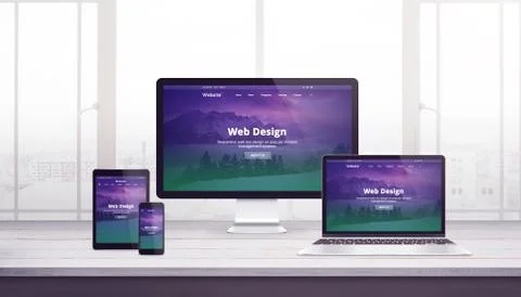 Responsive web site concept on multiple devices. Work desk with window in bac Stock Photos