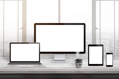 Responsive web site design mockup. Computer displaz, laptop, tablet and smart Stockfoto's