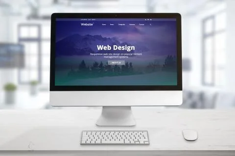 Responsive web site presentation on computer display. Office desk with keyboa Stock Photos